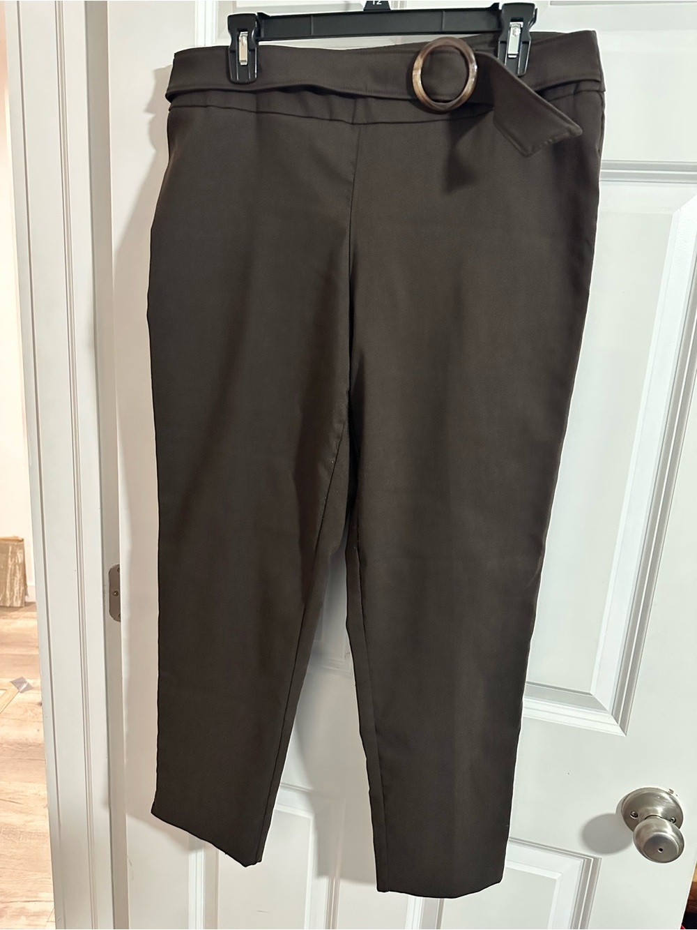 Zac & Rachel Dark Brown Ankle Pants Size 14 Circle Buckle Belt Stretch